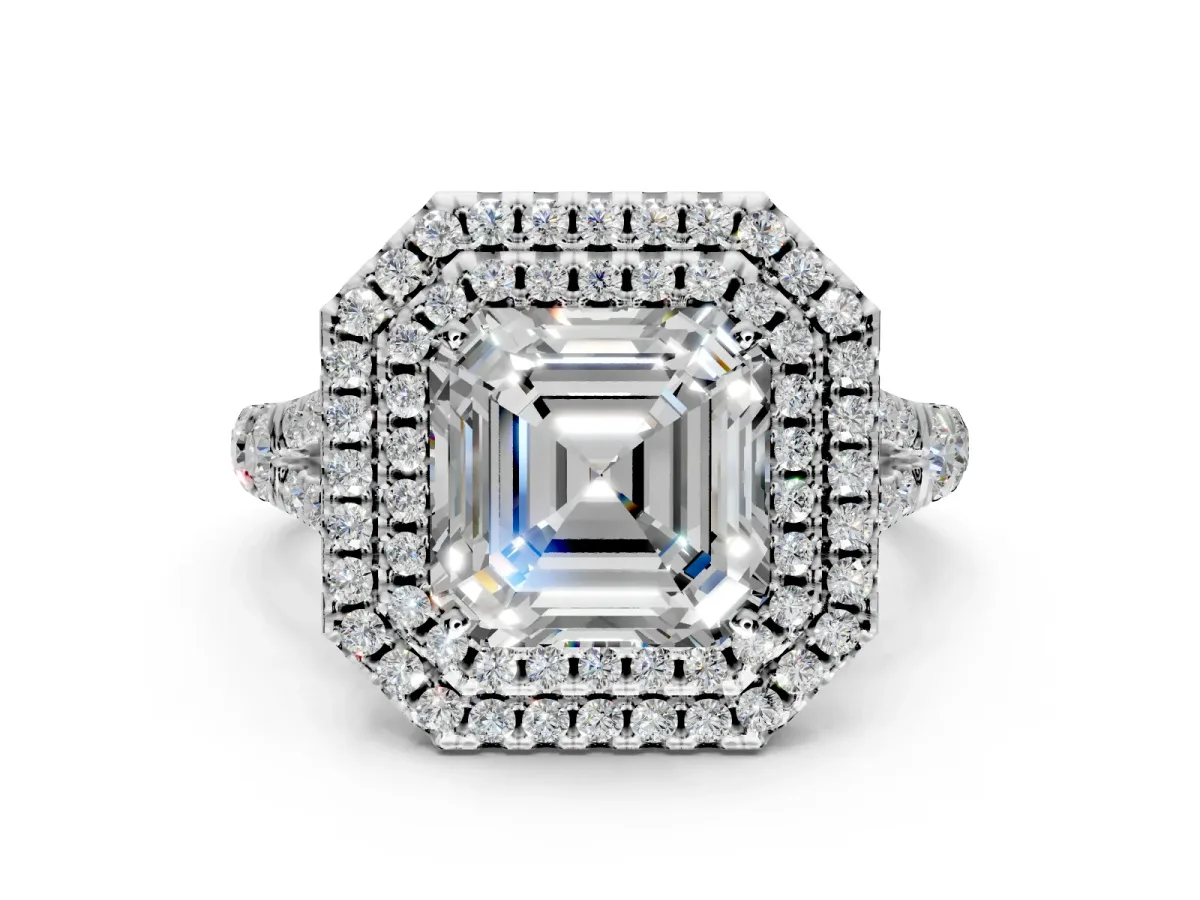 Double Halo Engagement Ring Setting for Asscher Cut Center with Narrow Pave Split Shank and Prong Head in Platinum