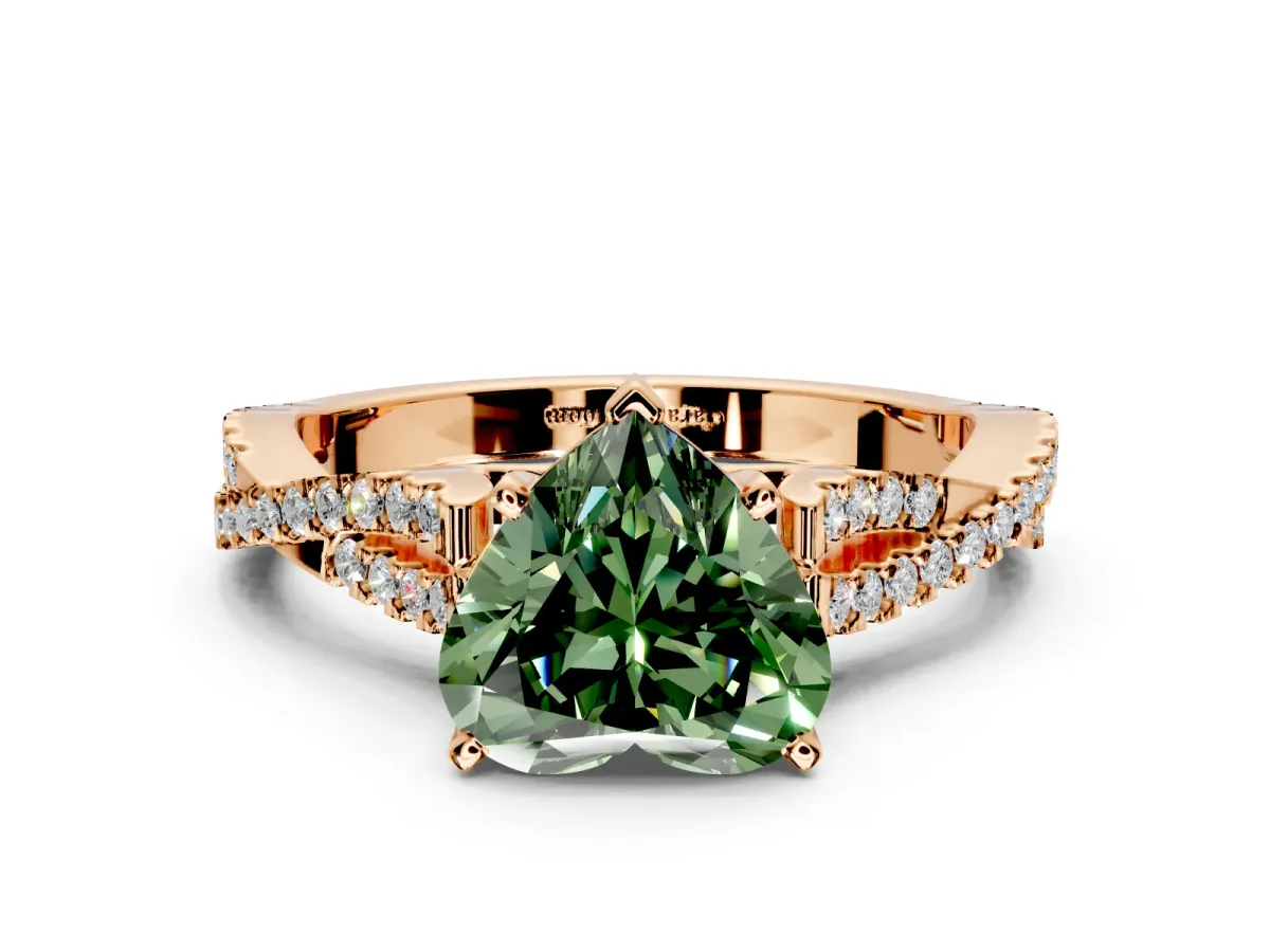Solitaire Engagement Ring Setting for Fancy Green Heart-Shaped Center with Twisted Pave Split Shank and Prong Head in Rose Gold