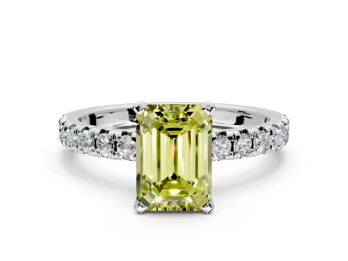 Solitaire Engagement Ring Setting for Fancy Yellow Emerald Cut Center with Large Accents and Prong Head in Platinum