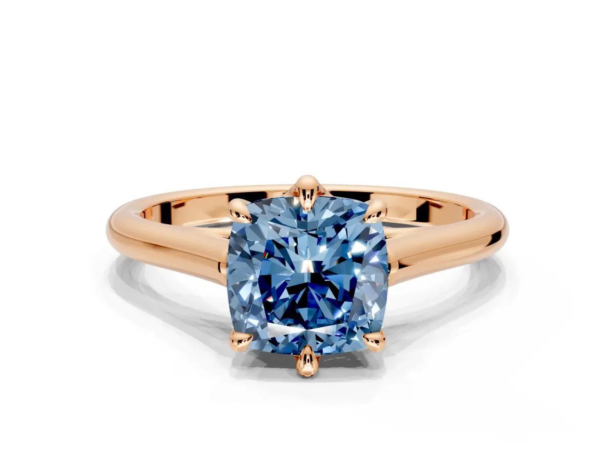 Solitaire Engagement Ring Setting for Fancy Blue Cushion Cut Center with Cathedral Band and Prong Head in Rose Gold