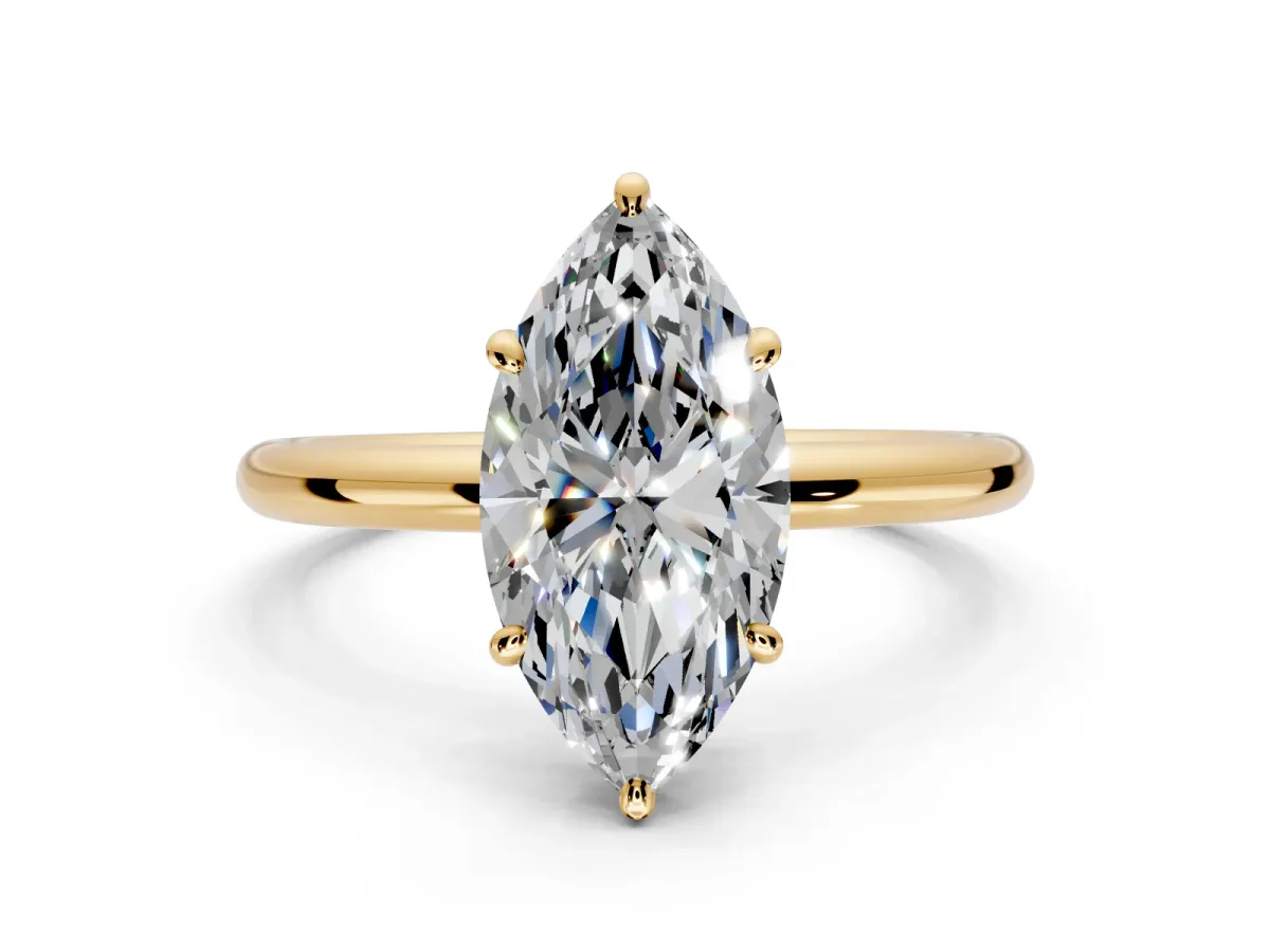 Low-Set Solitaire Engagement Ring Setting for Marquise Center with Thin Plain Band and Prong Head in Yellow Gold