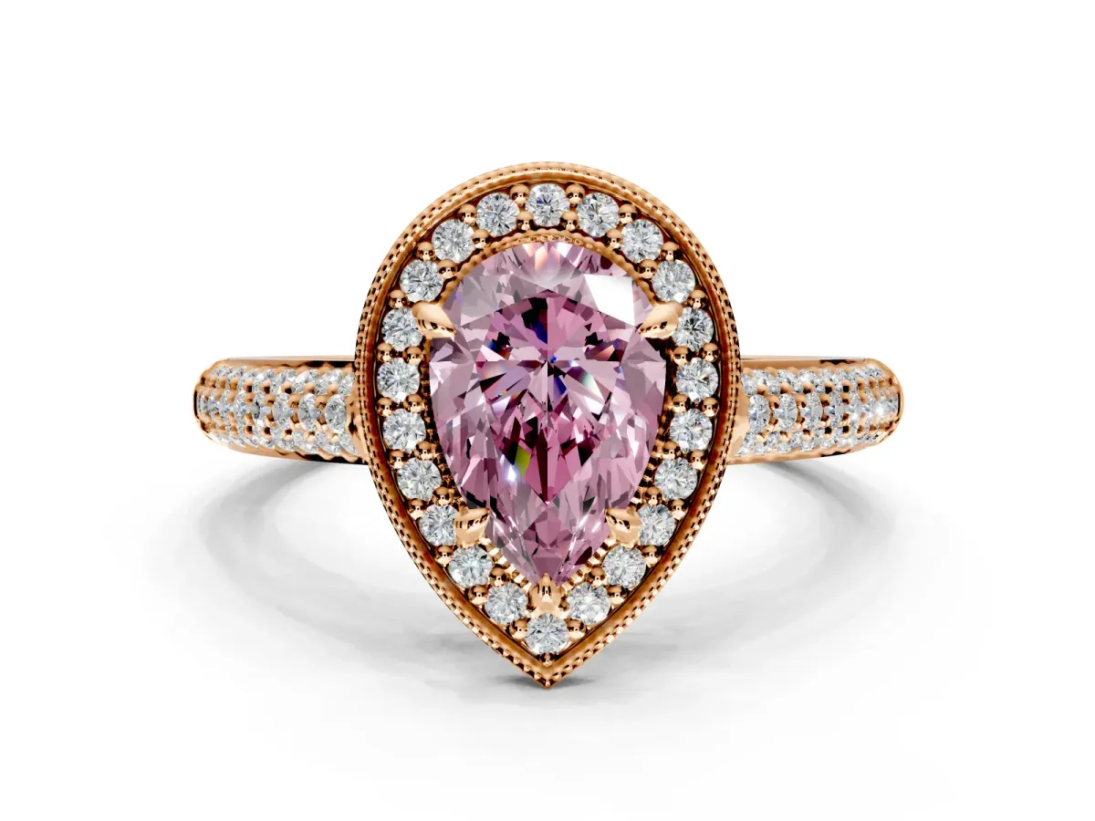 Milgrain Halo Engagement Ring Setting for Fancy Pink Pear-Shaped Center with Three-Sided Pave Band and Prong Head in Rose Gold