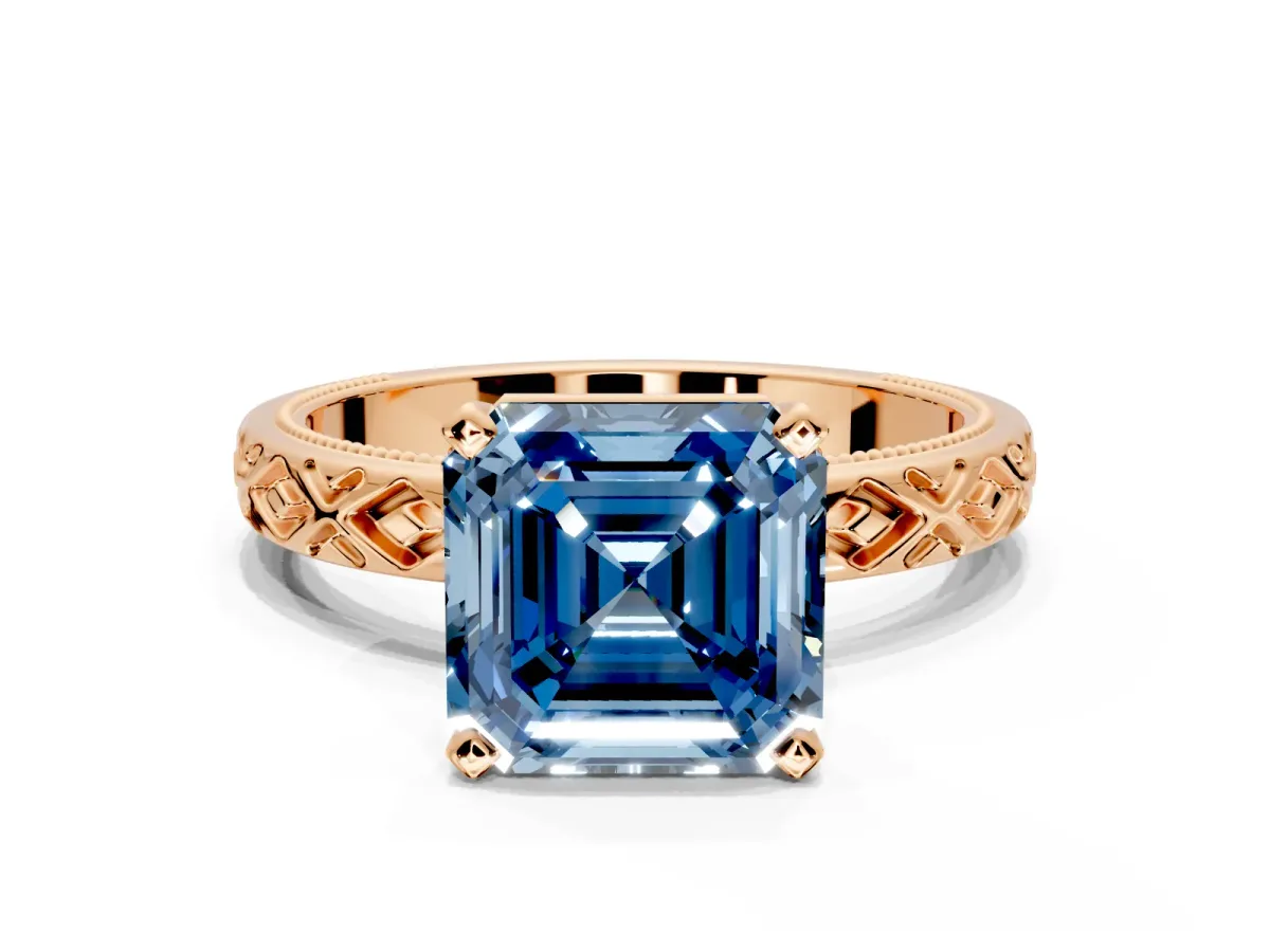 Solitaire Engagement Ring Setting for Fancy Blue Asscher Cut Center with Milgrain X Pattern Band and Prong Head in Rose Gold