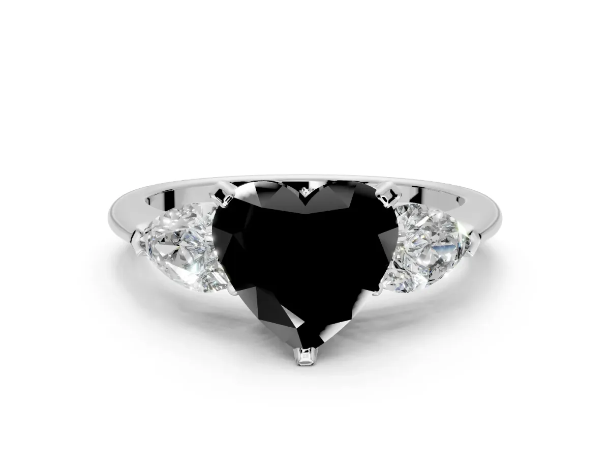 3 Stone Engagement Ring Setting for Fancy Black Heart-Shaped Center with Large Pear-Shaped Accents and Prong Head in Platinum