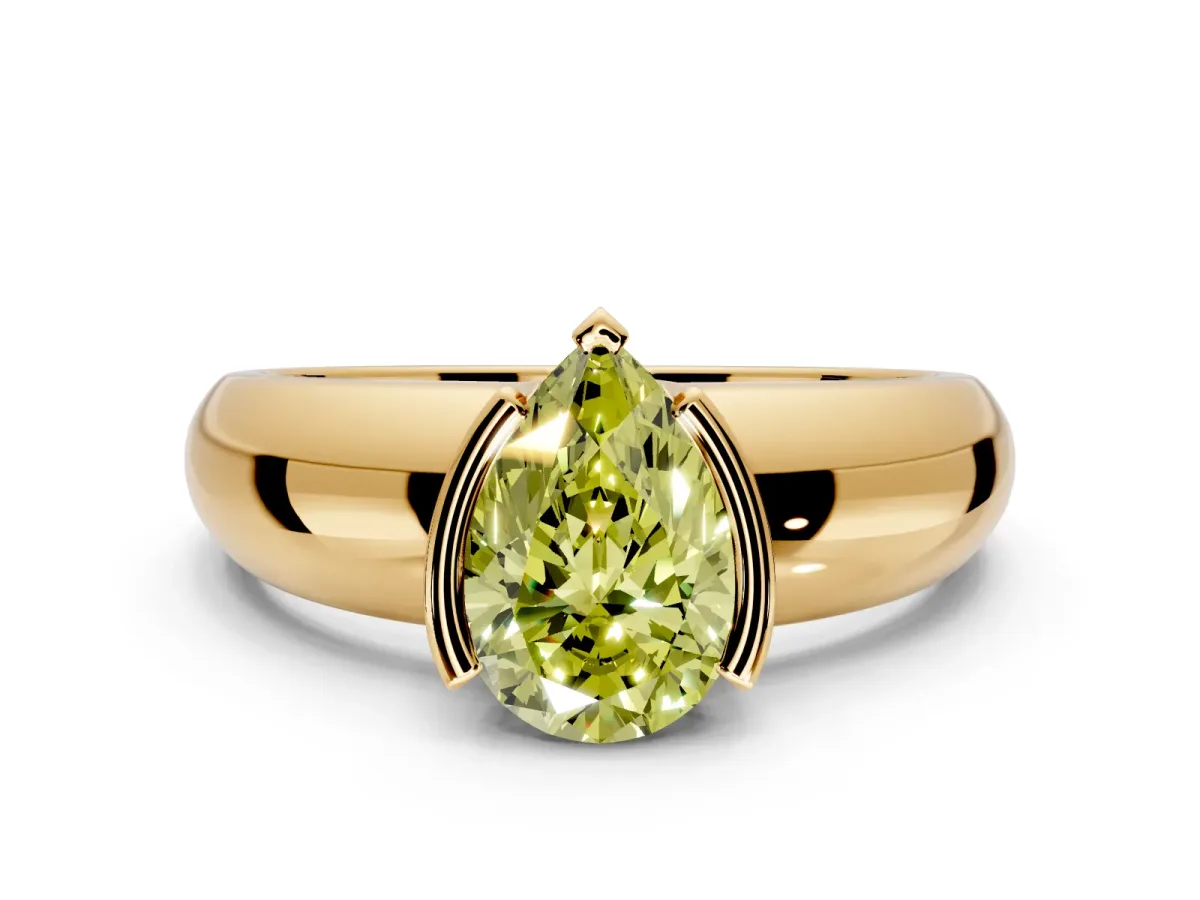 Tension Engagement Ring Setting for Fancy Yellow Pear-Shaped Center with Wide Flat Band and Tension Head in Yellow Gold