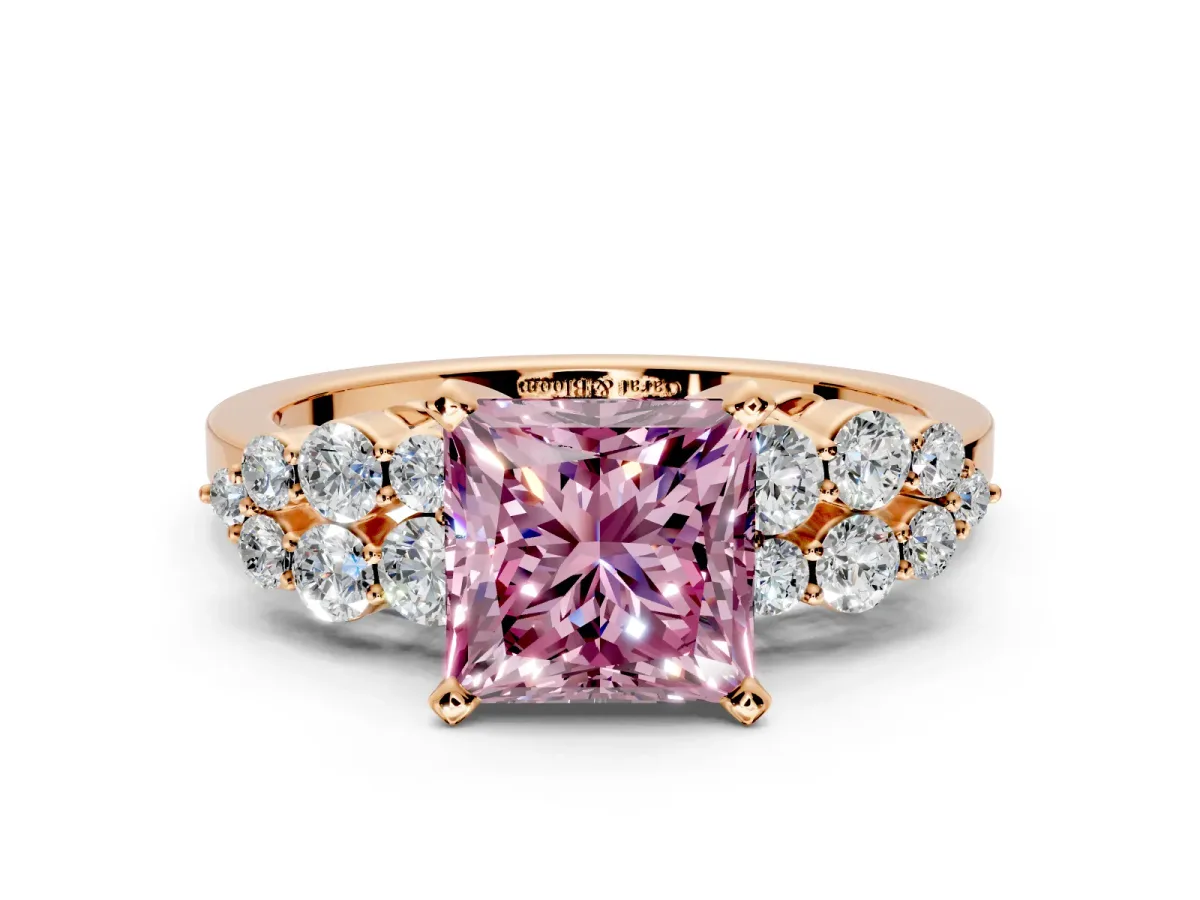 Cluster Engagement Ring Setting for Fancy Pink Princess Cut Center with 2-Row Shoulder Clusters and Prong Head in Rose Gold