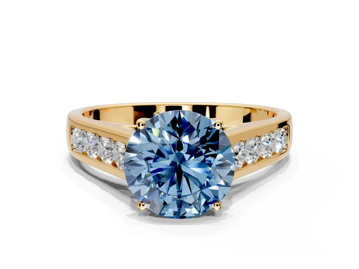 Solitaire Engagement Ring Setting for Fancy Blue Round Cut Center with Cathedral Channel Band and Prong Head in Yellow Gold
