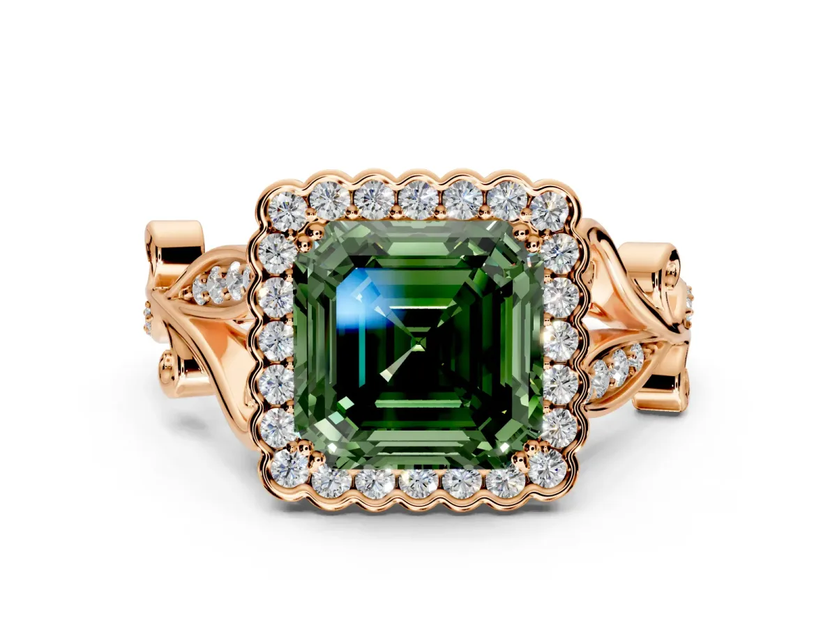 Halo Engagement Ring Setting for Fancy Green Asscher Cut Center with Leaf Motif Split Shank and Prong Head in Rose Gold