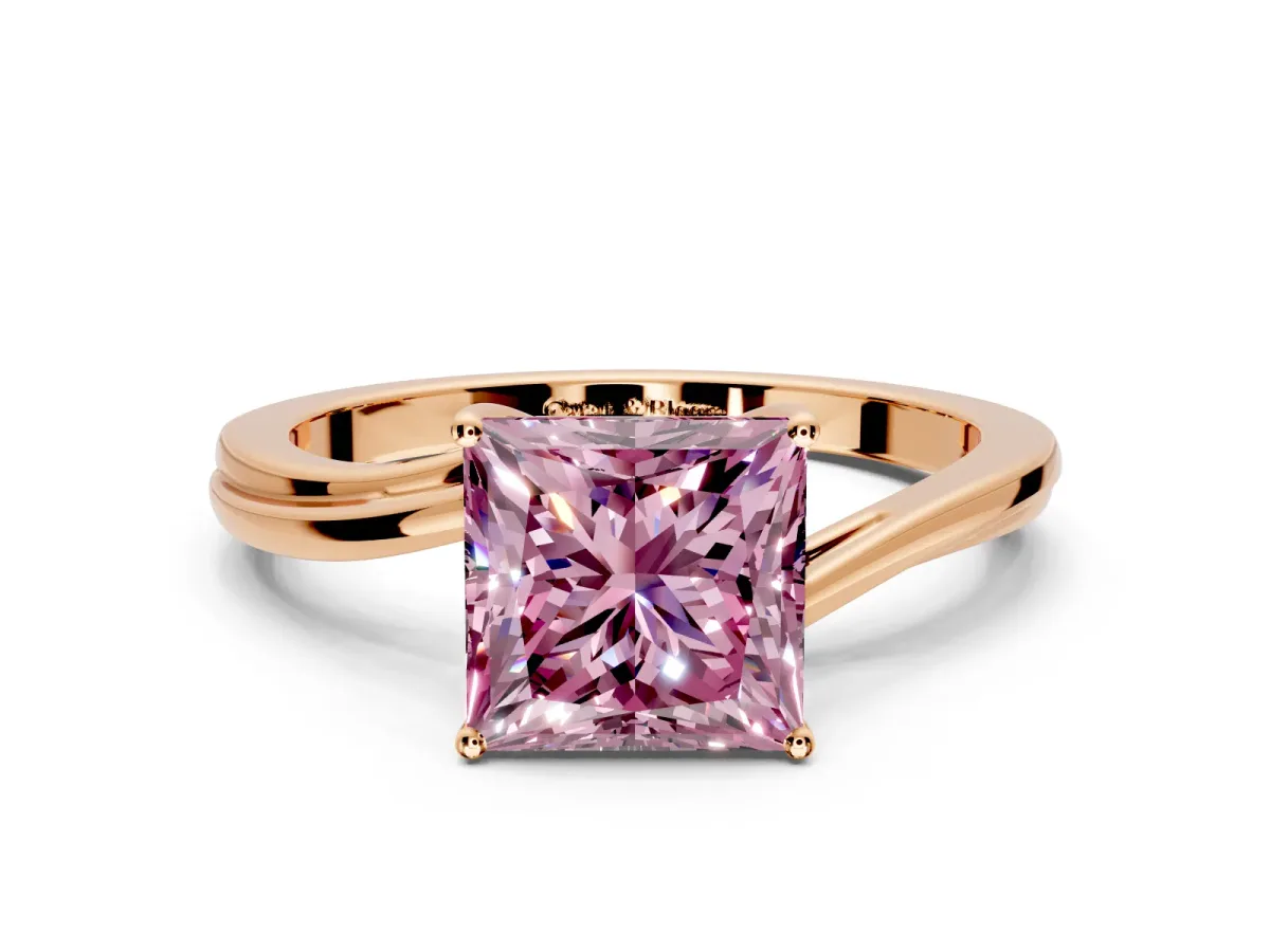 Solitaire Engagement Ring Setting for Fancy Pink Princess Cut Center with Plain Bypass Twist Band and Prong Head in Rose Gold