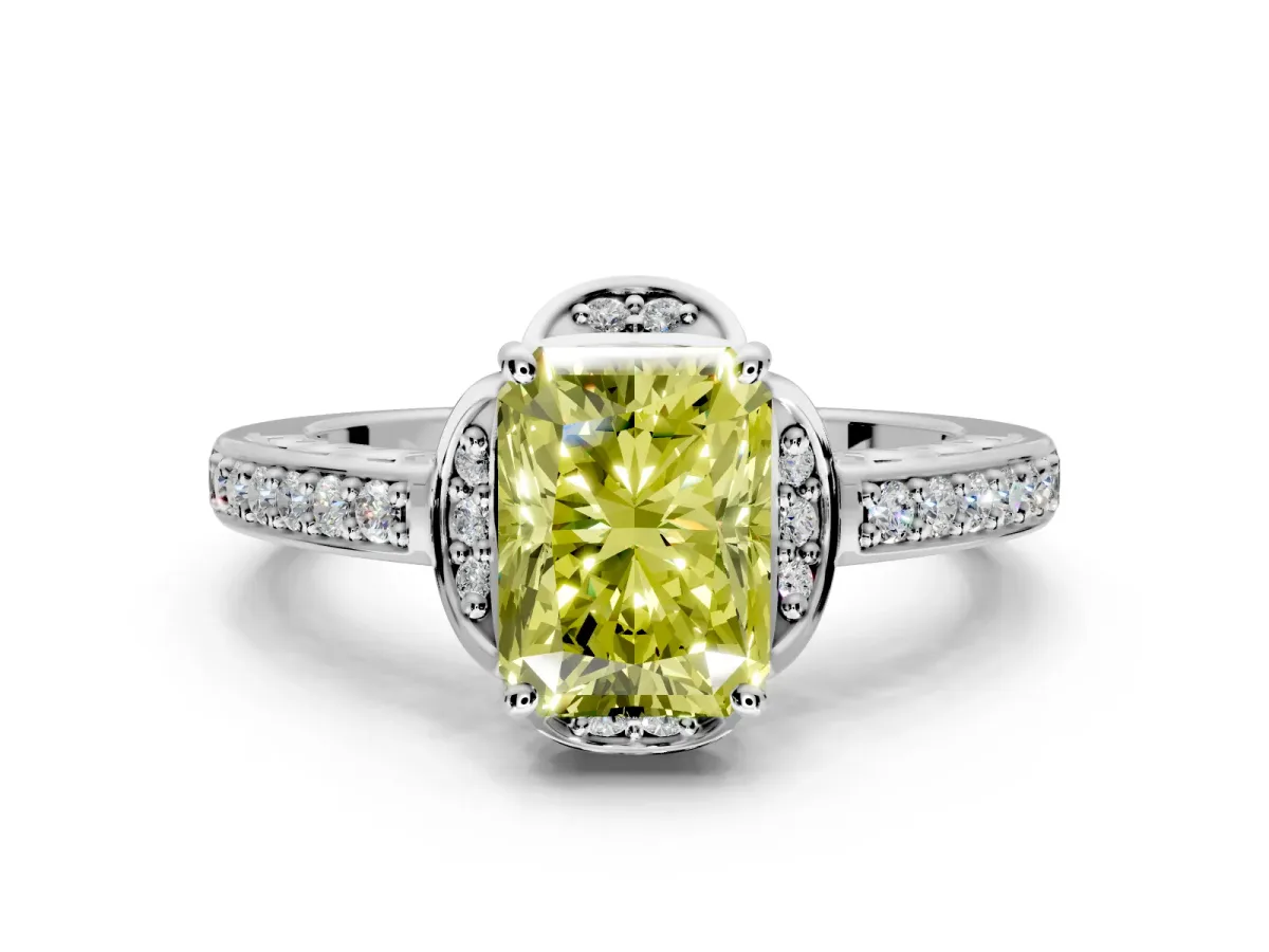 Floral Engagement Ring Setting for Fancy Yellow Radiant Cut Center with Four Accent Clusters and Prong Head in Platinum