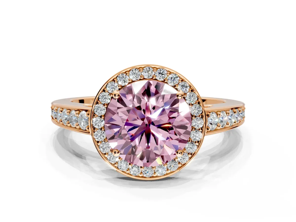Bezel-Framed Halo Engagement Ring Setting for Fancy Pink Round Cut Center with Pave Band and Prong Head in Rose Gold