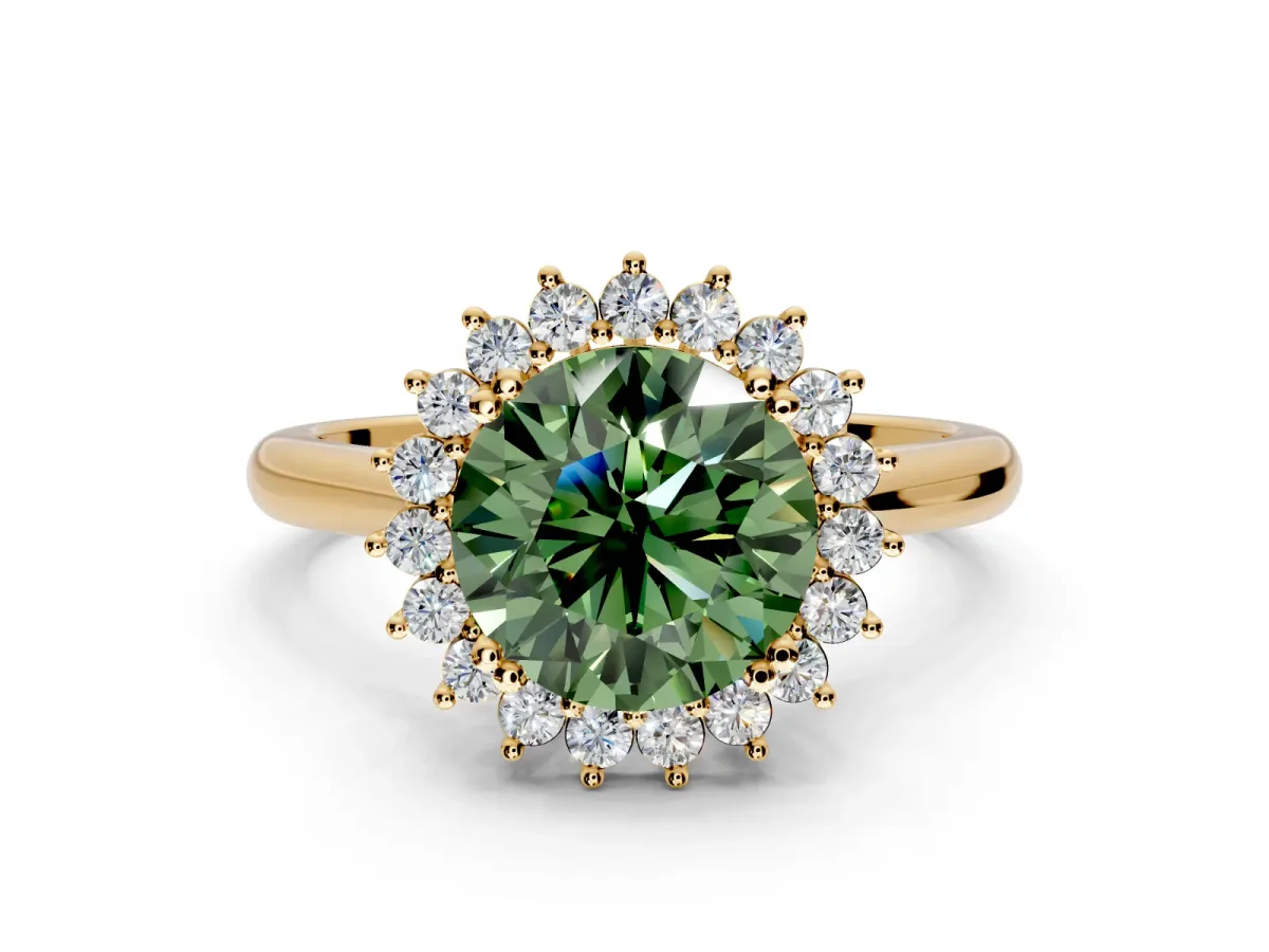 Starburst Halo Engagement Ring Setting for Fancy Green Round Cut Center with Thin Round-Wire Band and Prong Head in Yellow Gold
