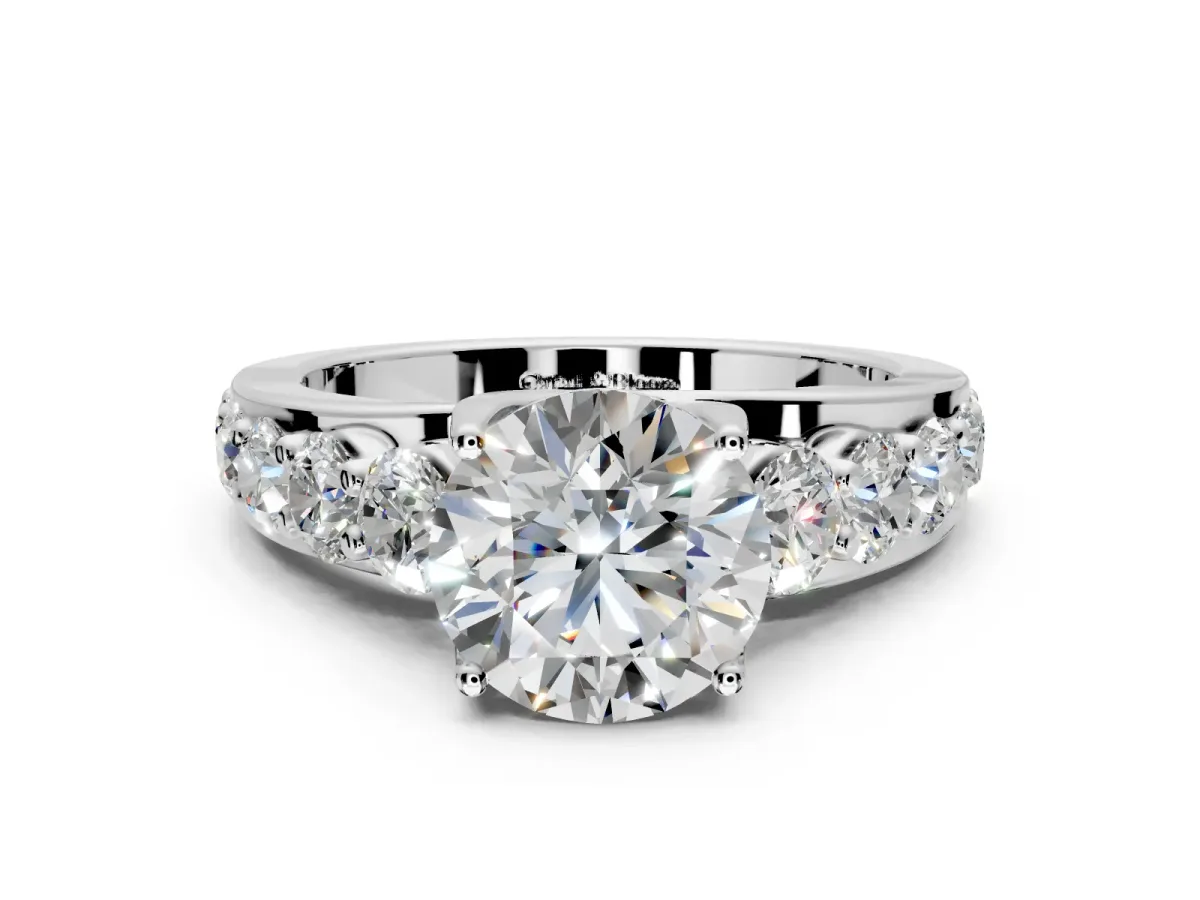 Solitaire Engagement Ring Setting for Round Cut Center with Graduated Shared Prongs and Prong Head in Platinum