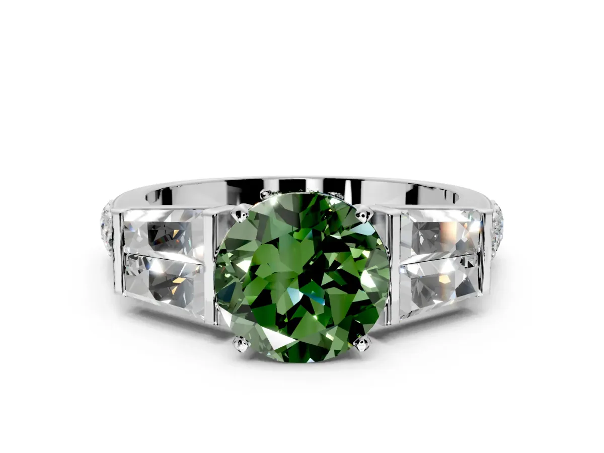 Channel-Set Engagement Ring Setting for Fancy Green Round Cut Center with Baguette Band and Prong Head in Platinum