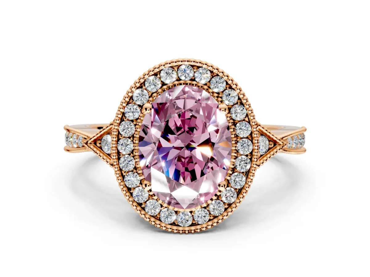 Halo Engagement Ring Setting for Fancy Pink Oval Center with Milgrain Rim, Pave Band and Prong Head in Rose Gold