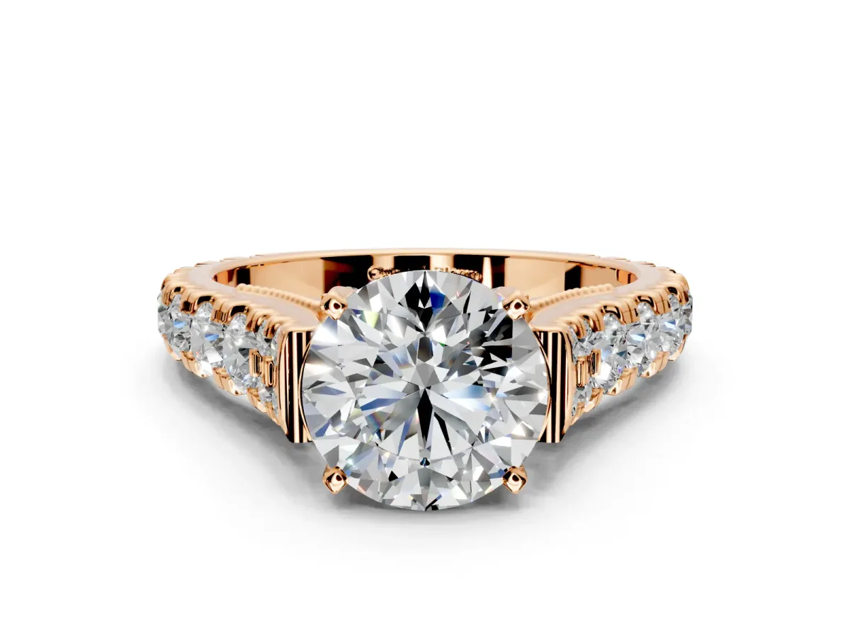 Solitaire Engagement Ring Setting for Round Cut Center with Pave Cathedral Shoulders and Prong Head in Rose Gold
