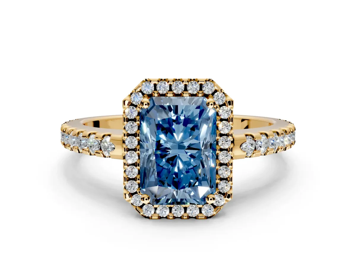 Accent Halo Engagement Ring Setting for Fancy Blue Radiant Cut Center with Full-Length Pave Band and Prong Head in Yellow Gold