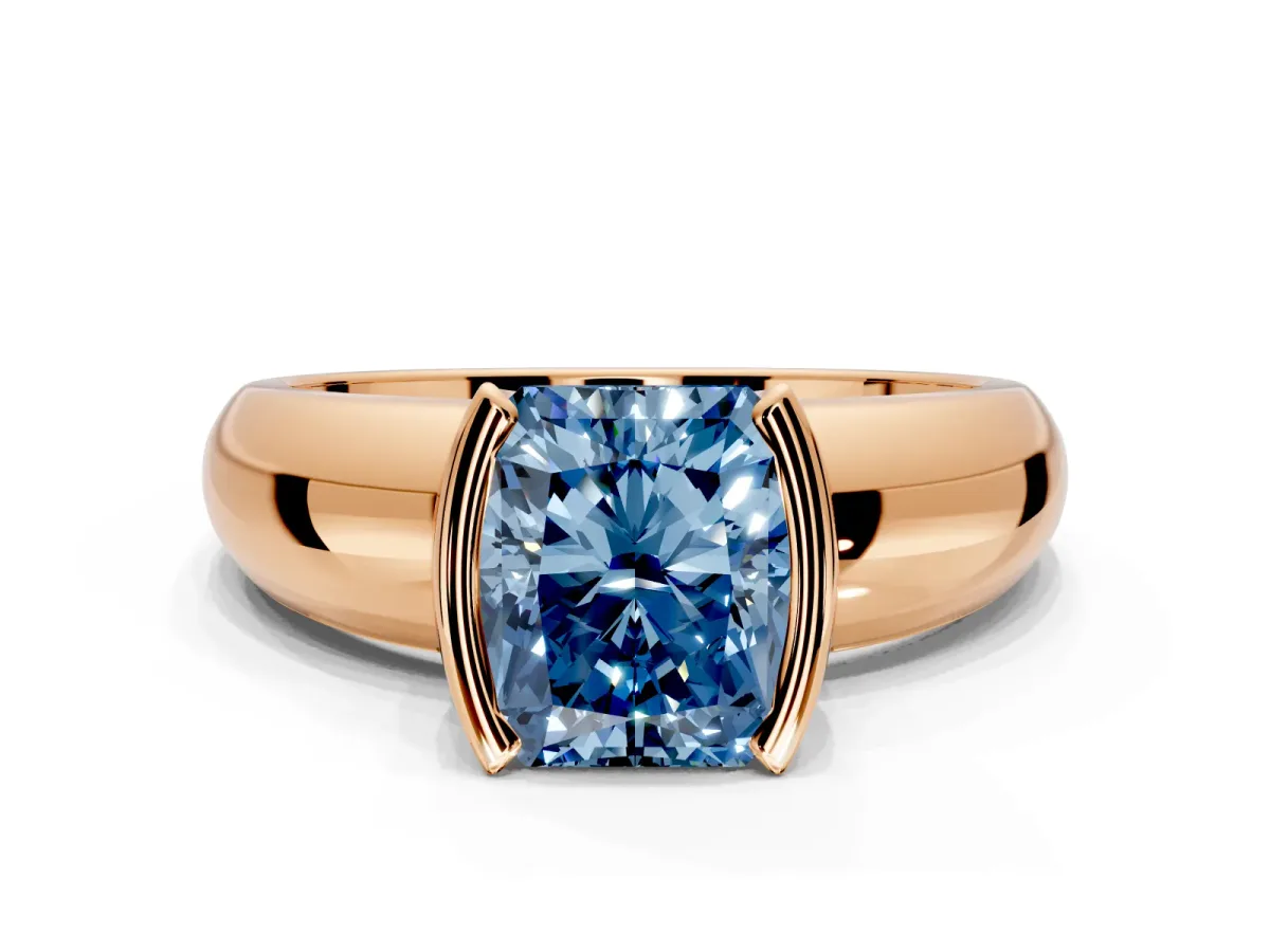 Tension Engagement Ring Setting for Fancy Blue Radiant Cut Center with Wide Flat Band and Tension Head in Rose Gold