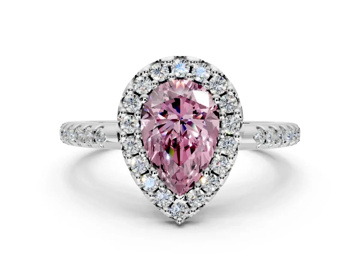 Pave Halo Engagement Ring Setting for Fancy Pink Pear-Shaped Center with Single Row Pave Band and Prong Head in Platinum