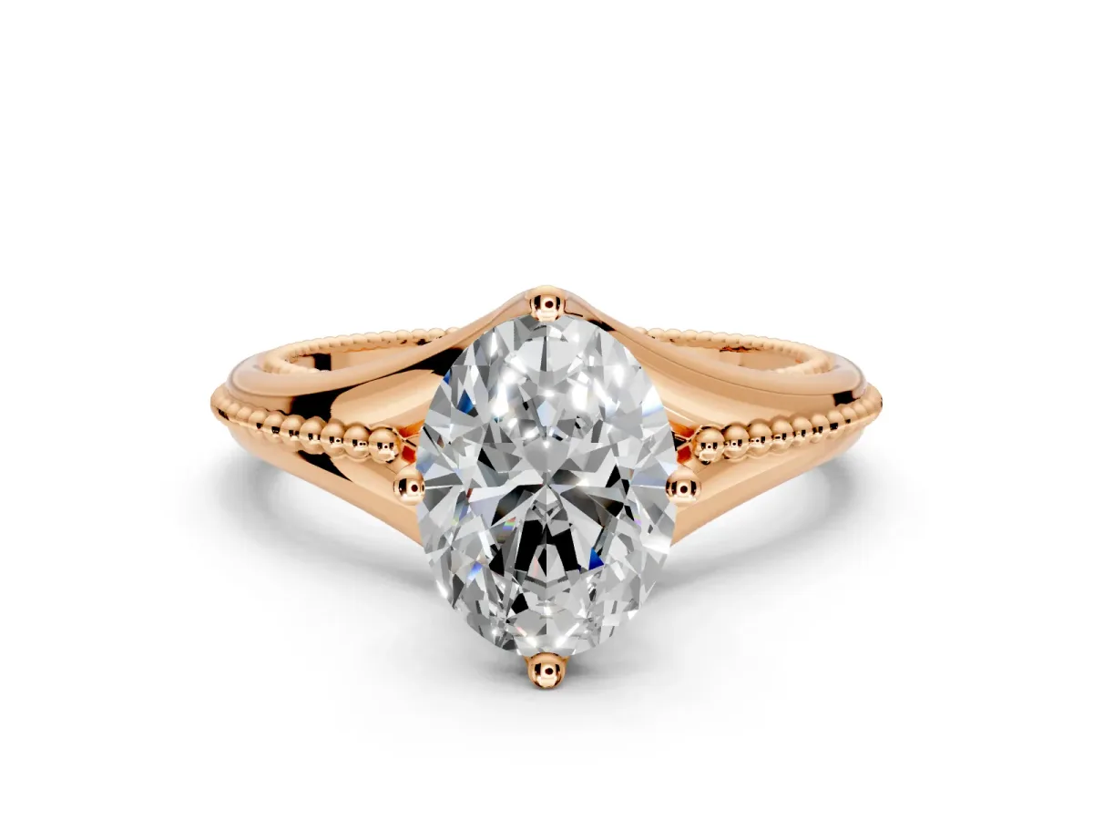 Solitaire Engagement Ring Setting for Oval Center with Milgrain Cathedral Band and Prong Head in Rose Gold