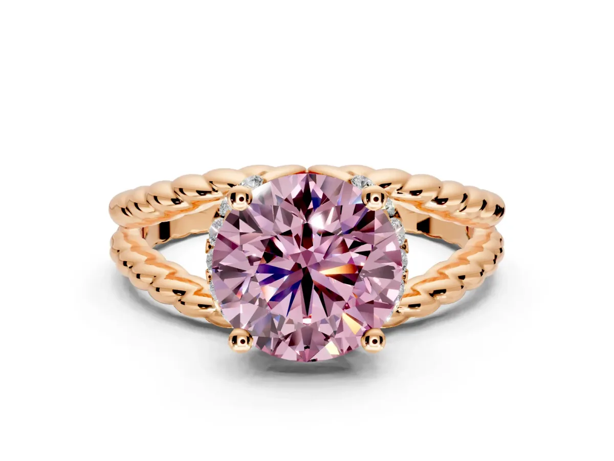 Halo Engagement Ring Setting for Fancy Pink Round Cut Center with Rope Twist Split Shank and Prong Head in Rose Gold