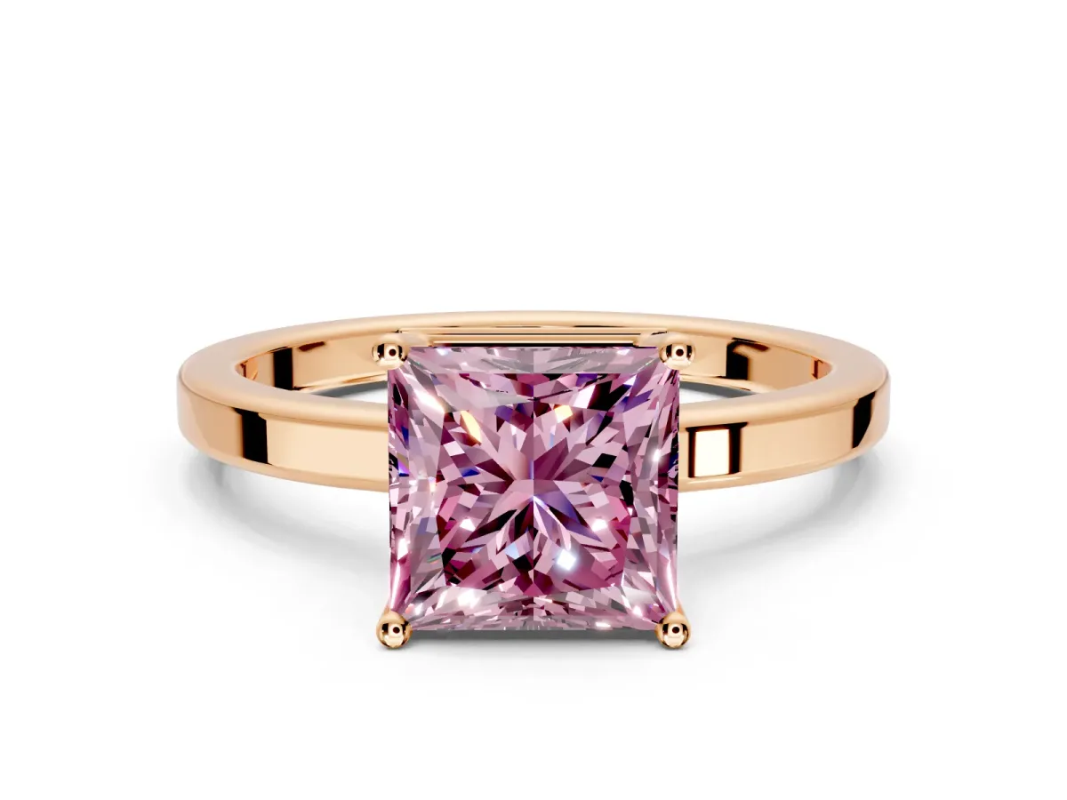 Hidden Halo Engagement Ring Setting for Fancy Pink Princess Cut Center with Wide Flat Plain Band and Prong Head in Rose Gold