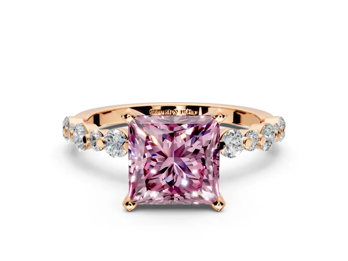 Solitaire Engagement Ring Setting for Fancy Pink Princess Cut Center with Alternating Size Accents and Prong Head in Rose Gold