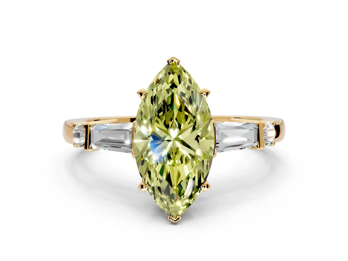 Bar-Set Engagement Ring Setting for Fancy Yellow Marquise Center with Tapered Baguette Accents and Prong Head in Yellow Gold