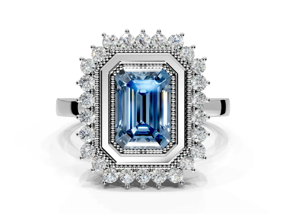 Halo Engagement Ring Setting for Fancy Blue Emerald Cut Center with Milgrain Bezel Rim, Plain Band and Prong Head in White Gold