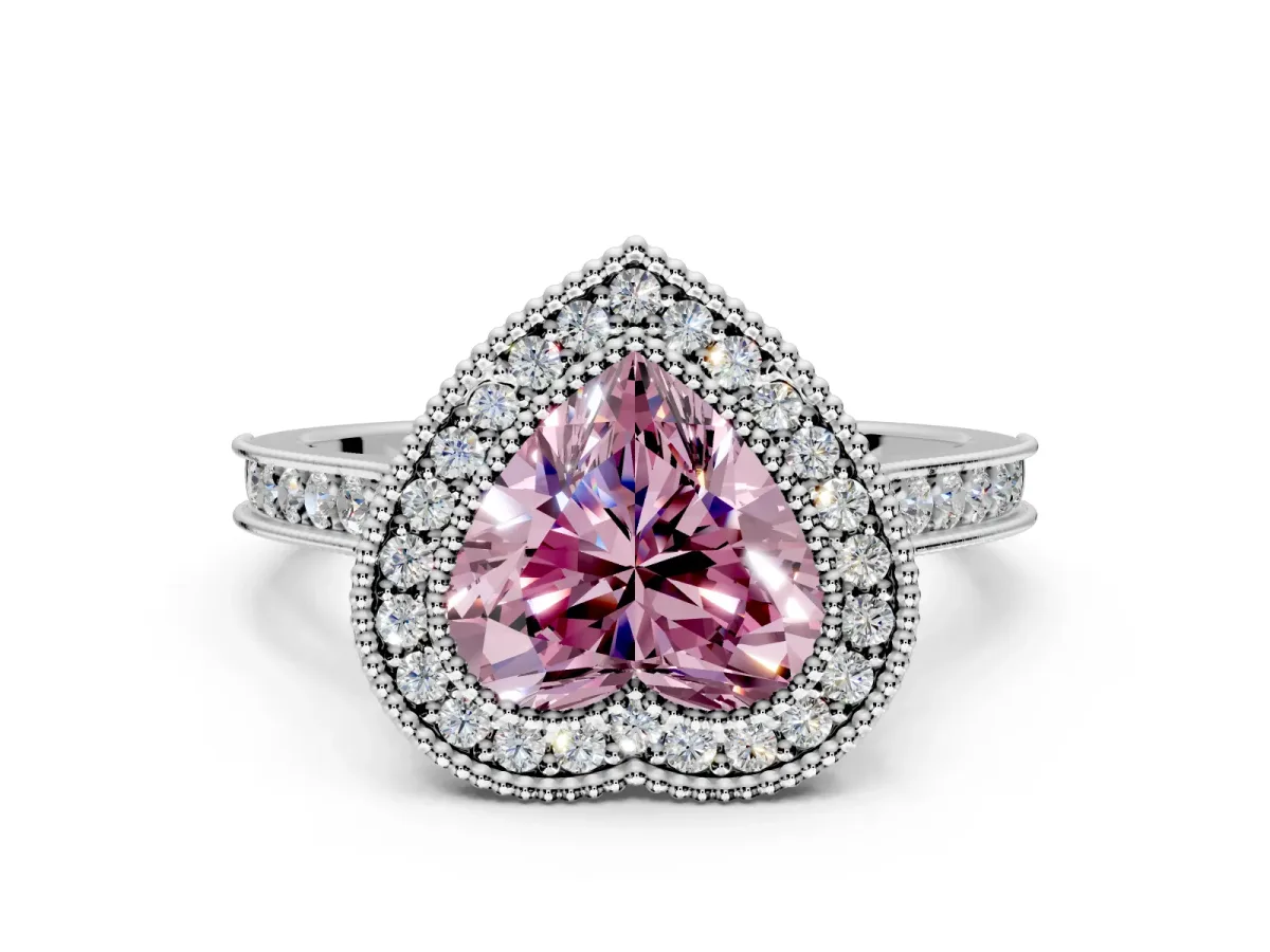 Halo Engagement Ring Setting for Fancy Pink Heart-Shaped Center with Milgrain Pave Band and Bezel Head in White Gold