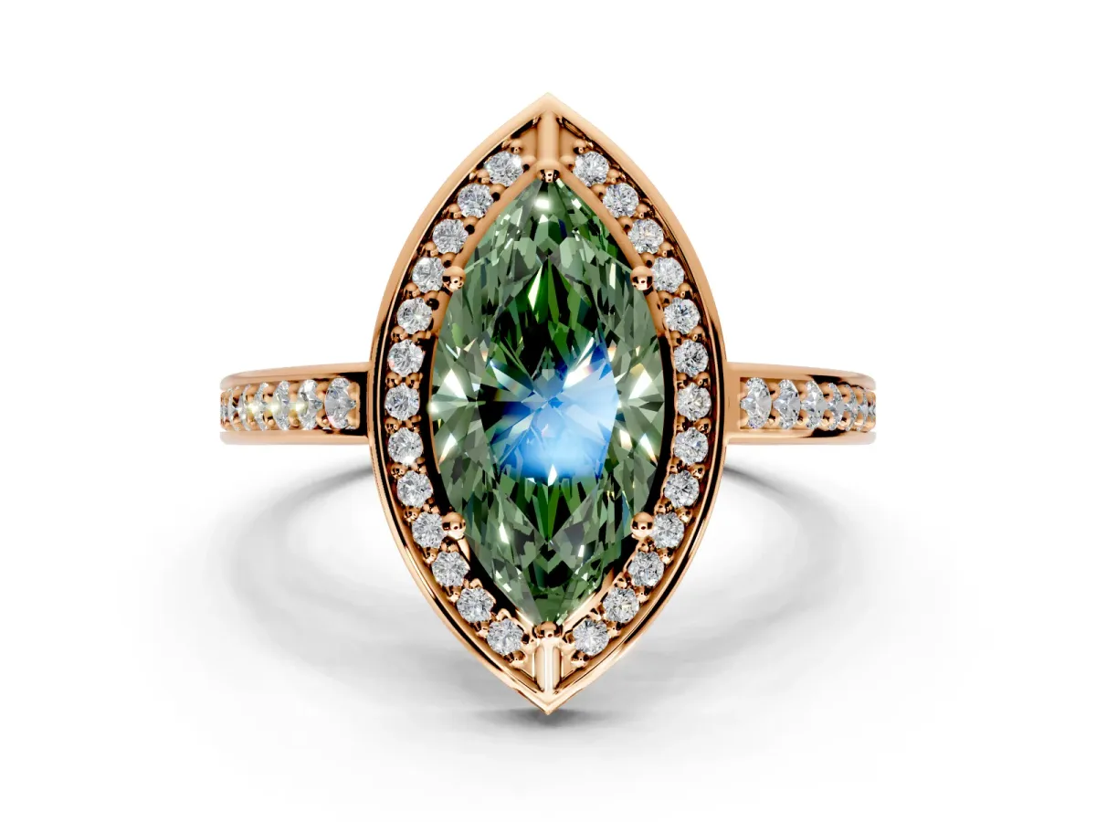 Halo Engagement Ring Setting for Fancy Green Marquise Center with Framed Halo, Pave Band and Prong Head in Rose Gold