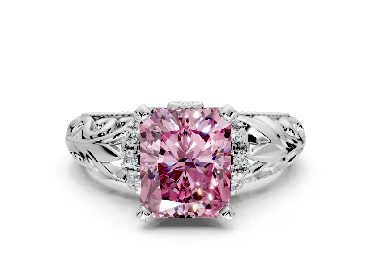 Solitaire Engagement Ring Setting for Fancy Pink Radiant Cut Center with Filigree Accent Basket and Prong Head in Platinum