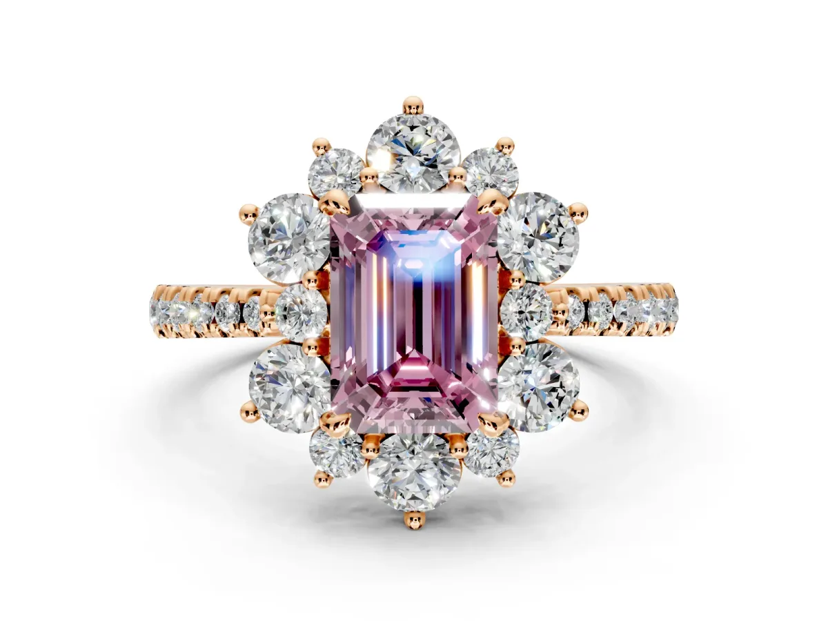 Floral Halo Engagement Ring Setting for Fancy Pink Emerald Cut Center with Pave Accents and Prong Head in Rose Gold