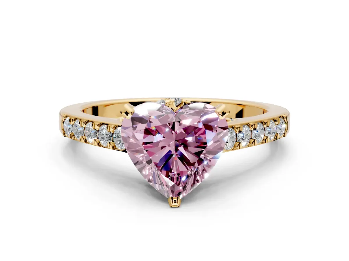 Solitaire Engagement Ring Setting for Fancy Pink Heart-Shaped Center with Crossover Accents and Prong Head in Yellow Gold
