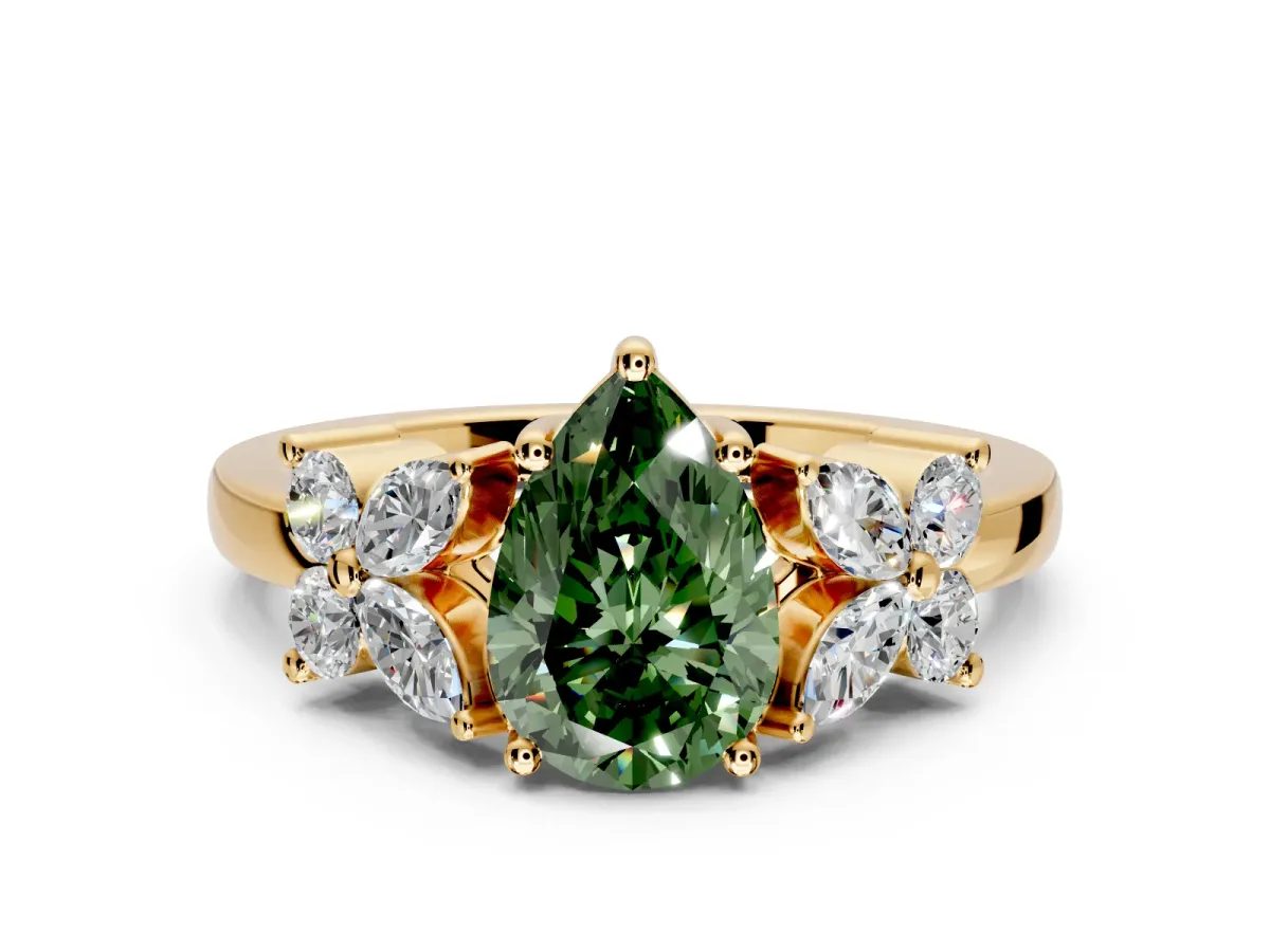 Floral Engagement Ring Setting for Fancy Green Pear-Shaped Center with Marquise Cluster Shoulders and Prong Head in Yellow Gold