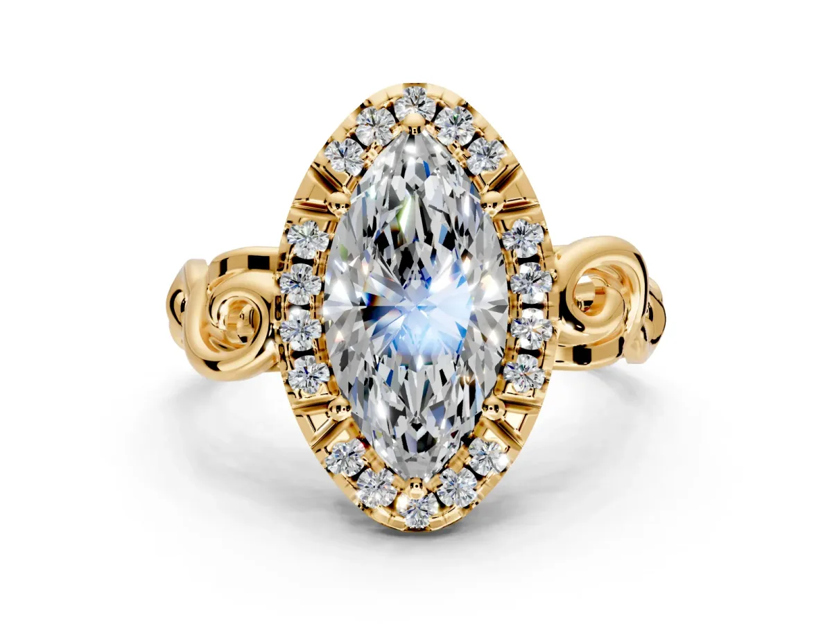 Halo Engagement Ring Setting for Marquise Center with Open Scroll Shoulders and Prong Head in Yellow Gold