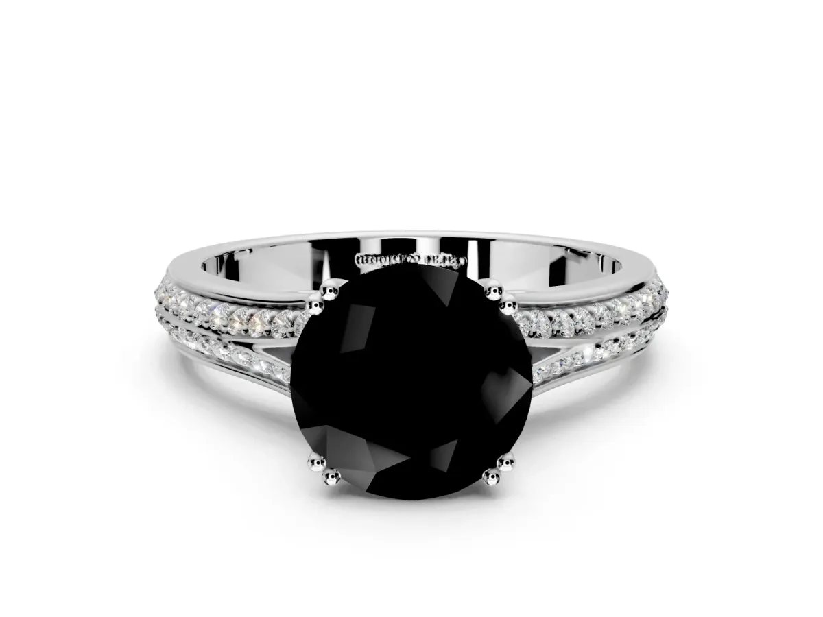 Solitaire Engagement Ring Setting for Fancy Black Round Cut Center with Pave Rail Split Shank and Prong Head in White Gold