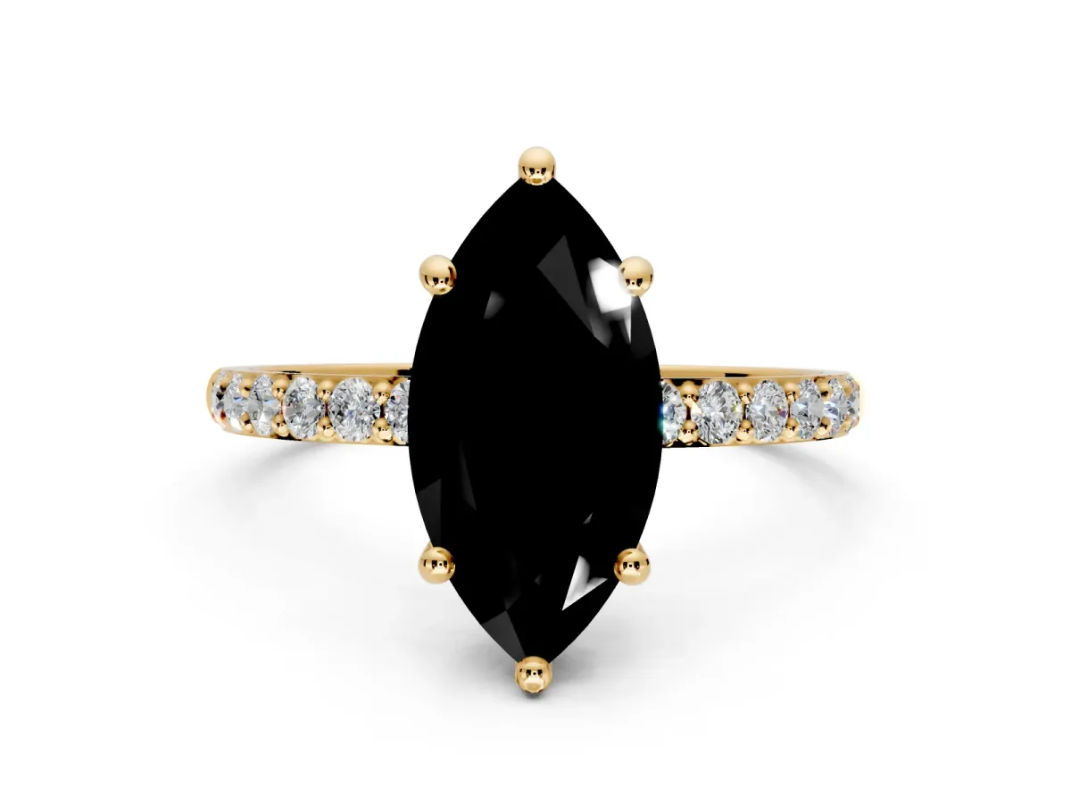 Solitaire Engagement Ring Setting for Fancy Black Marquise Center with Pave Accents and Prong Head in Yellow Gold