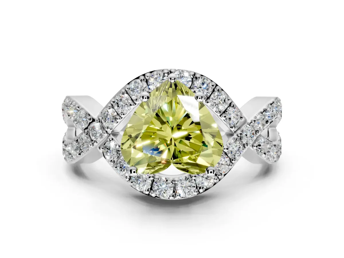 Halo Engagement Ring Setting for Fancy Yellow Heart-Shaped Center with Pave Infinity Twist Band and Prong Head in Platinum