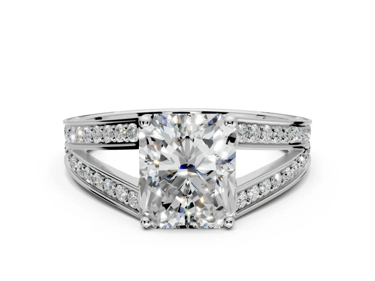 Split Shank Engagement Ring Setting for Radiant Cut Center with Pave Split Shank and Prong Head in Platinum