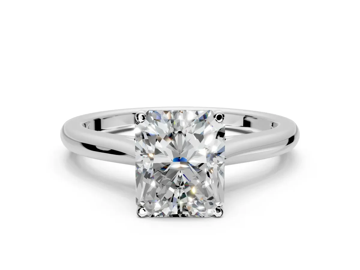 Solitaire Engagement Ring Setting for Radiant Cut Center with Narrow Cathedral Band and Prong Head in Sterling Silver