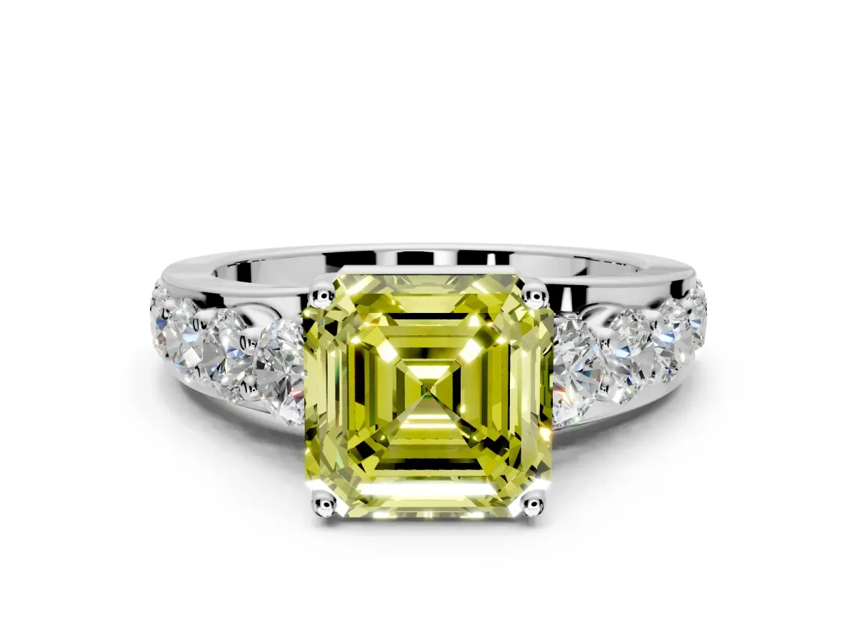 Solitaire Engagement Ring Setting for Fancy Yellow Asscher Cut Center with Graduated Shared Prongs and Prong Head in Platinum