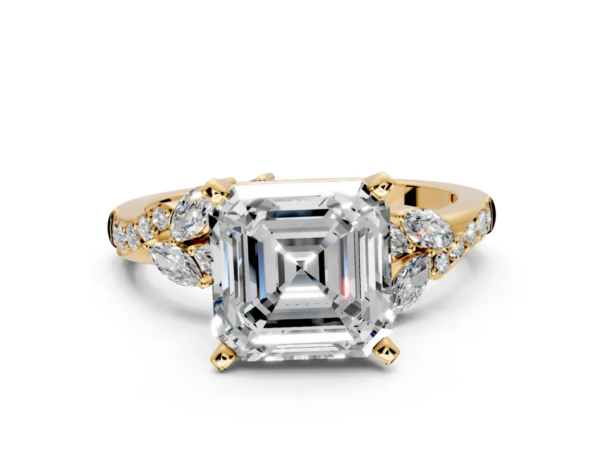 Solitaire Engagement Ring Setting for Asscher Cut Center with Marquise Accent Twist Band and Prong Head in Yellow Gold