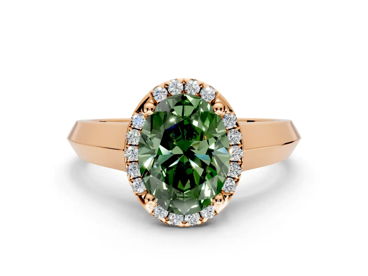 Halo Engagement Ring Setting for Fancy Green Oval Center with Knife Ridge Cathedral Band and Prong Head in Rose Gold