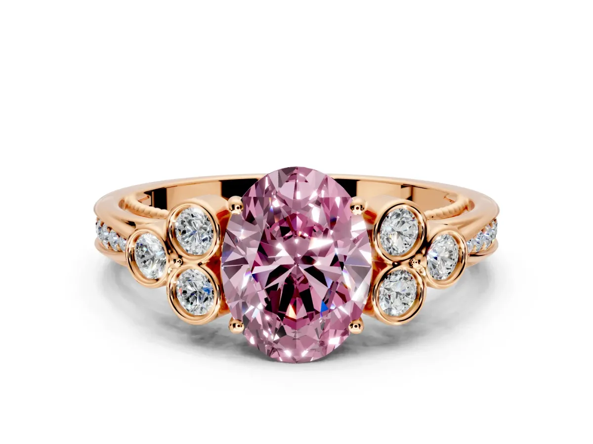 Cluster Engagement Ring Setting for Fancy Pink Oval Center with Bezel Accent Clusters and Prong Head in Rose Gold