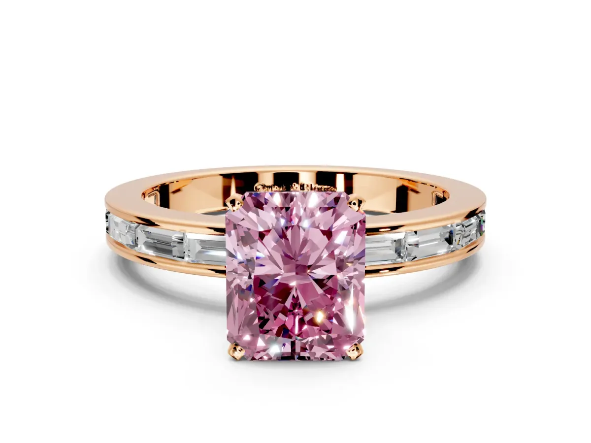 Solitaire Engagement Ring Setting for Fancy Pink Radiant Cut Center with Channel Baguette Band and Prong Head in Rose Gold