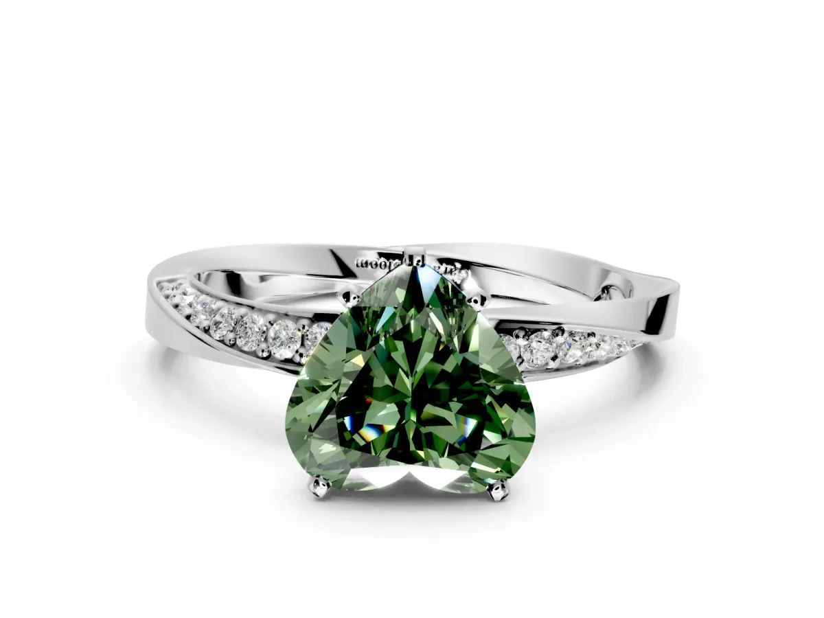Side Accent Engagement Ring Setting for Fancy Green Heart-Shaped Center with Accent Shoulders and Prong Head in Sterling Silver