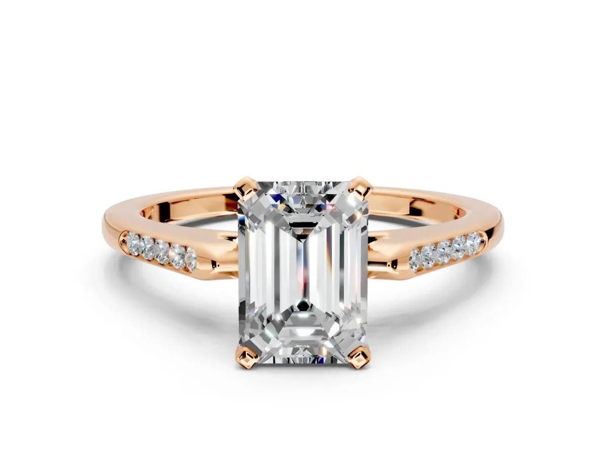 Solitaire Engagement Ring Setting for Emerald Cut Center with Channel Accents and Prong Head in Rose Gold
