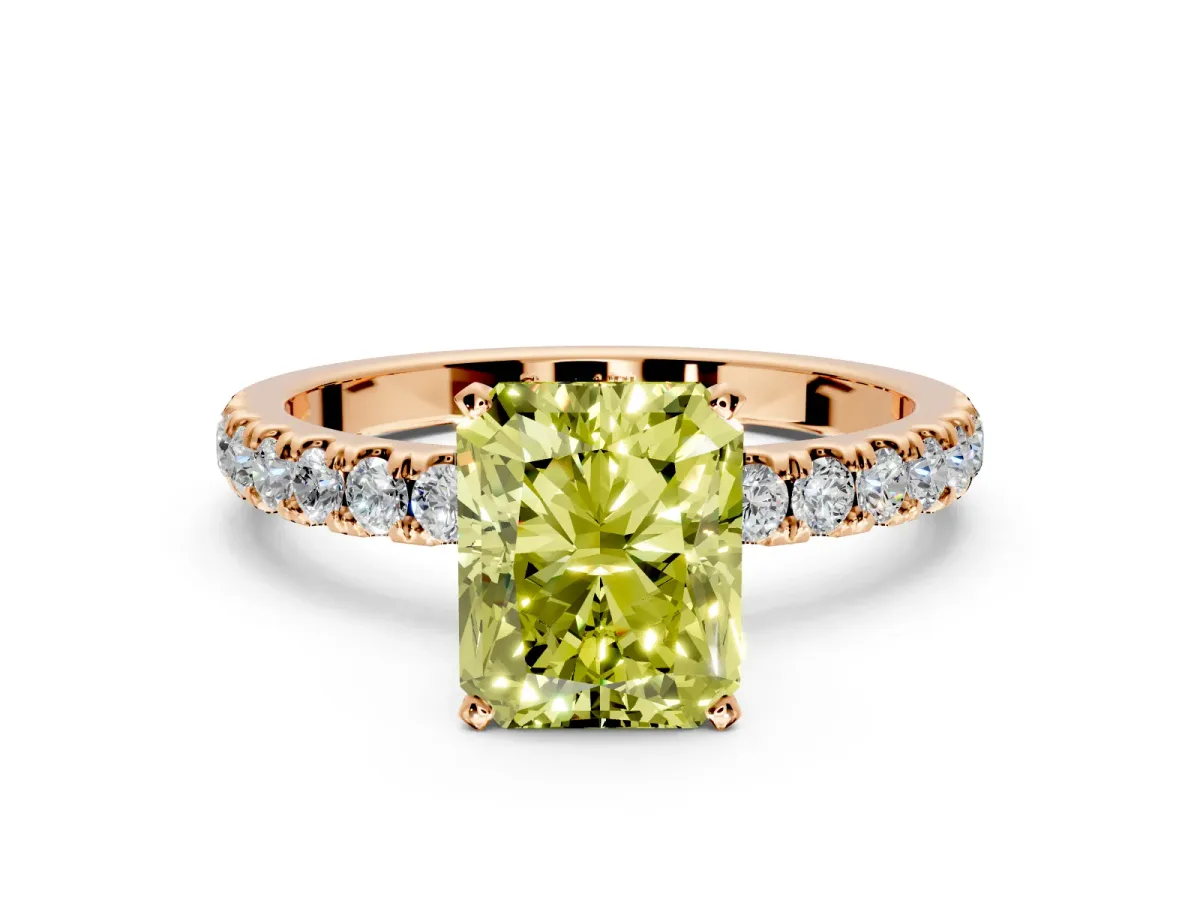 Open Basket Engagement Ring Setting for Fancy Yellow Radiant Cut Center with Pave Band and Prong Head in Rose Gold