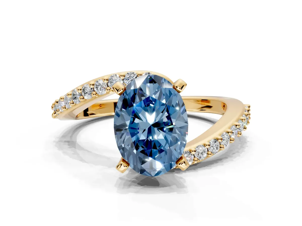 Solitaire Engagement Ring Setting for Fancy Blue Oval Center with Pave Bypass Swirl Band and Prong Head in Yellow Gold